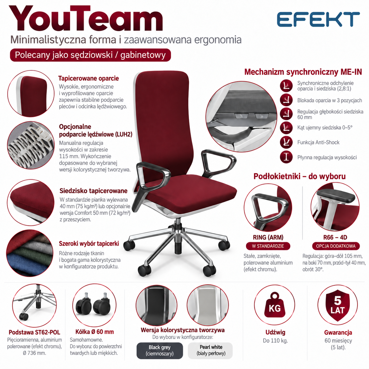 Fotel ergonomiczny sędziowski i gabinetowy wysoki YouTEAM bez zagłówka