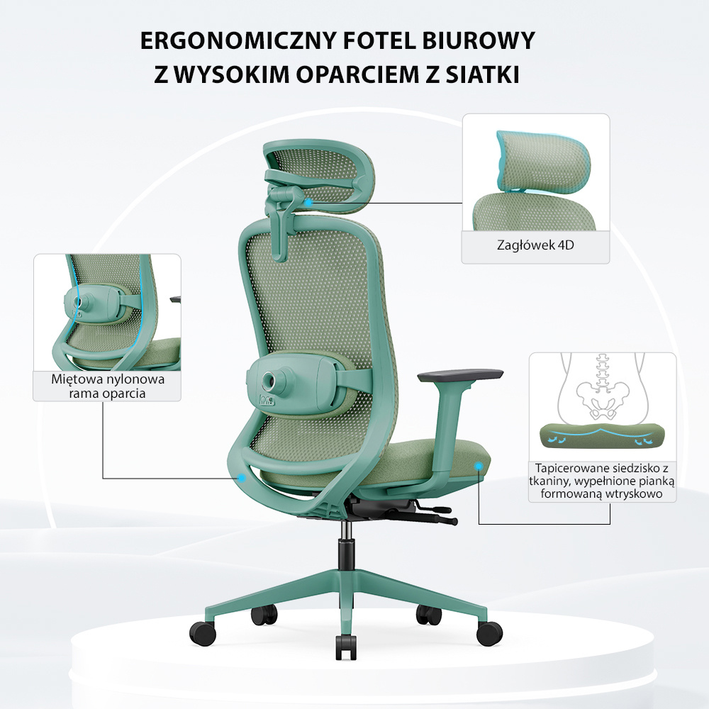 Fotel biurowy ergonomiczny ANGEL fizjO miętowy z funkcją masażu