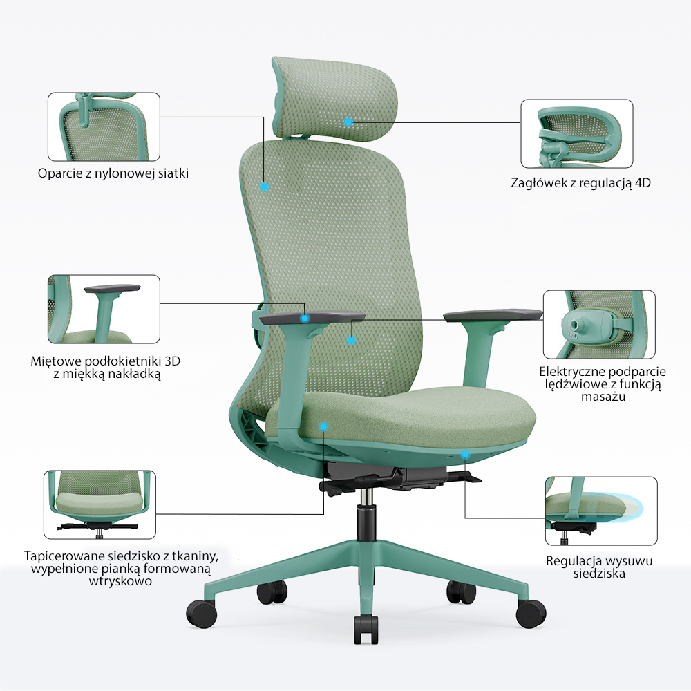 Fotel biurowy ergonomiczny ANGEL fizjO miętowy z funkcją masażu