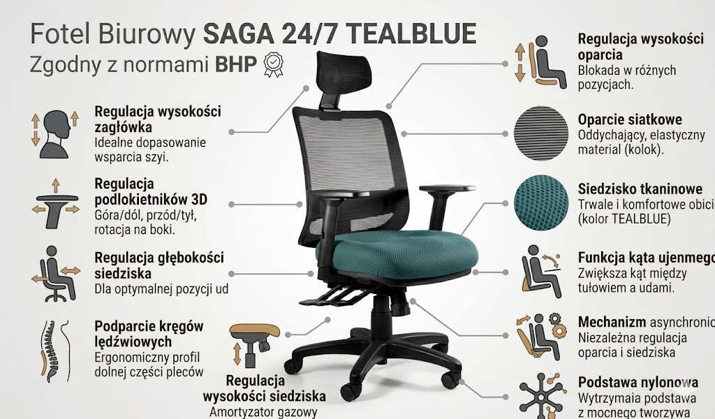 SAGA (1219) - Fotel obrotowy SIATKA SM01 CZARNA-TKANINA BL413 TEALBLUE FUNKCJE