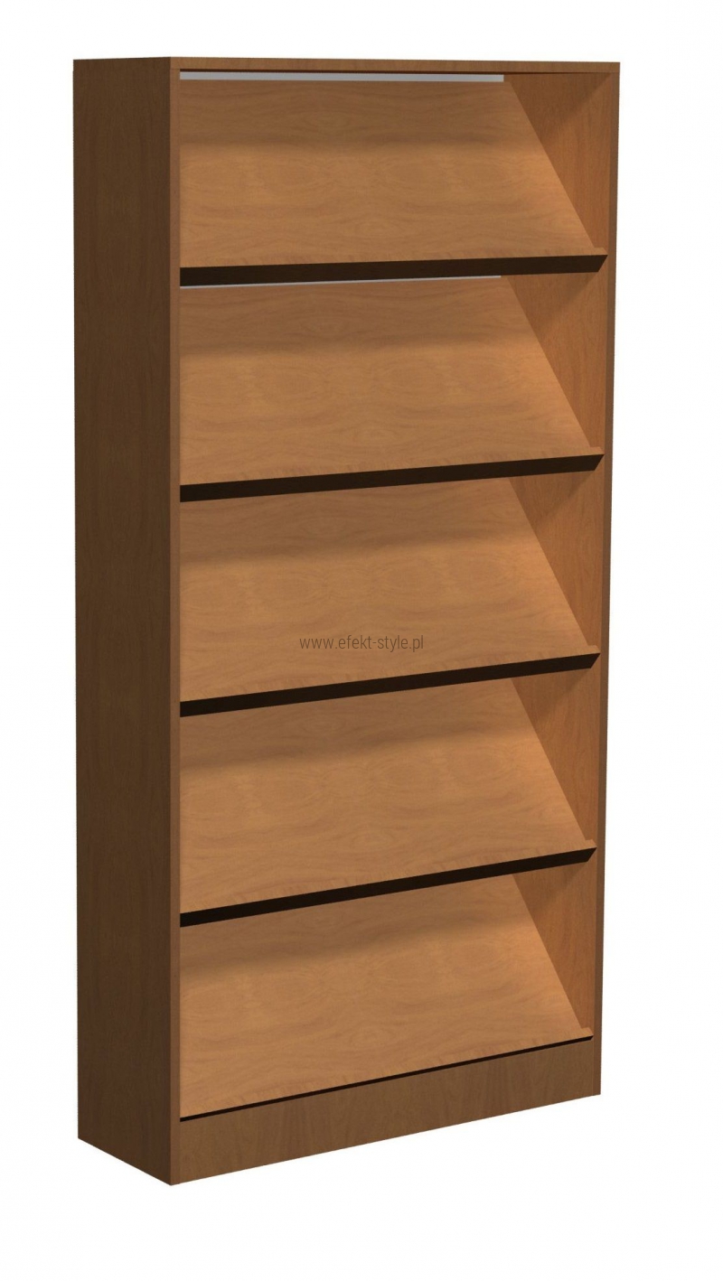 Regał biblioteczny ze skośnymi półkami i schowkami E