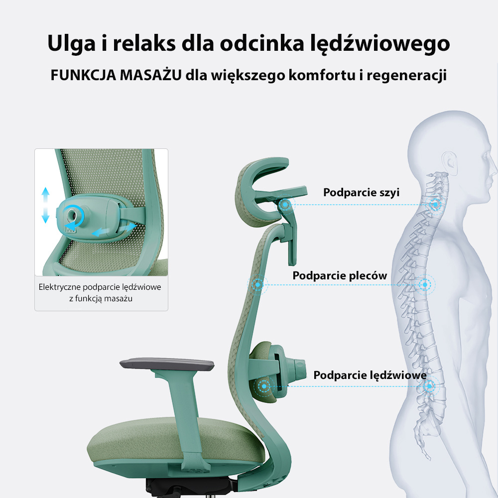 Fotel biurowy ergonomiczny ANGEL fizjO miętowy z funkcją masażu