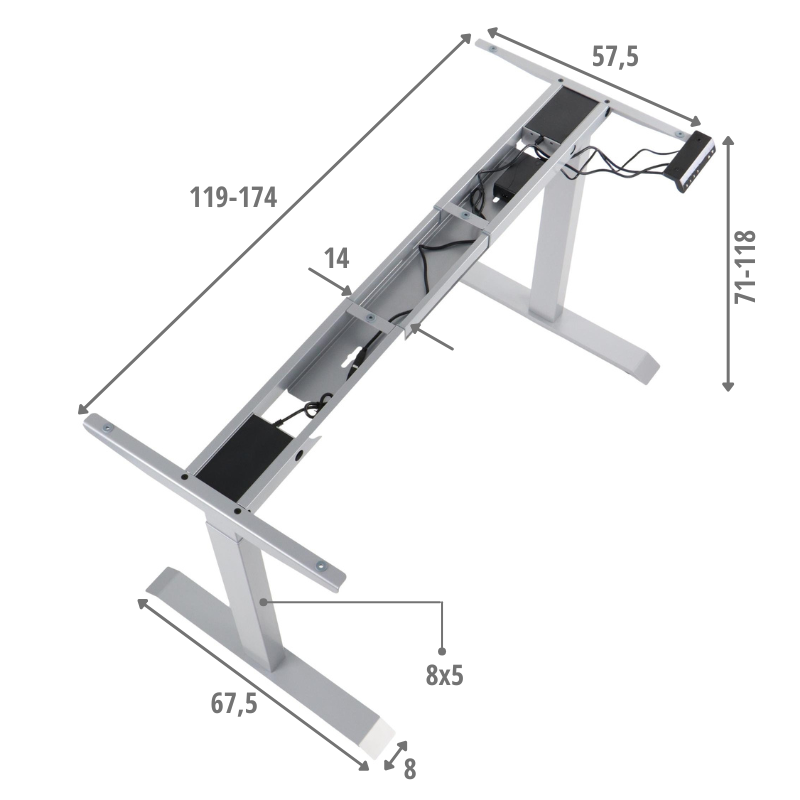 Stelaż UT04E-2T/A z elektryczną regulacją wysokości w zakresie 71-118 cm; 2-silnikowy, kolor szary