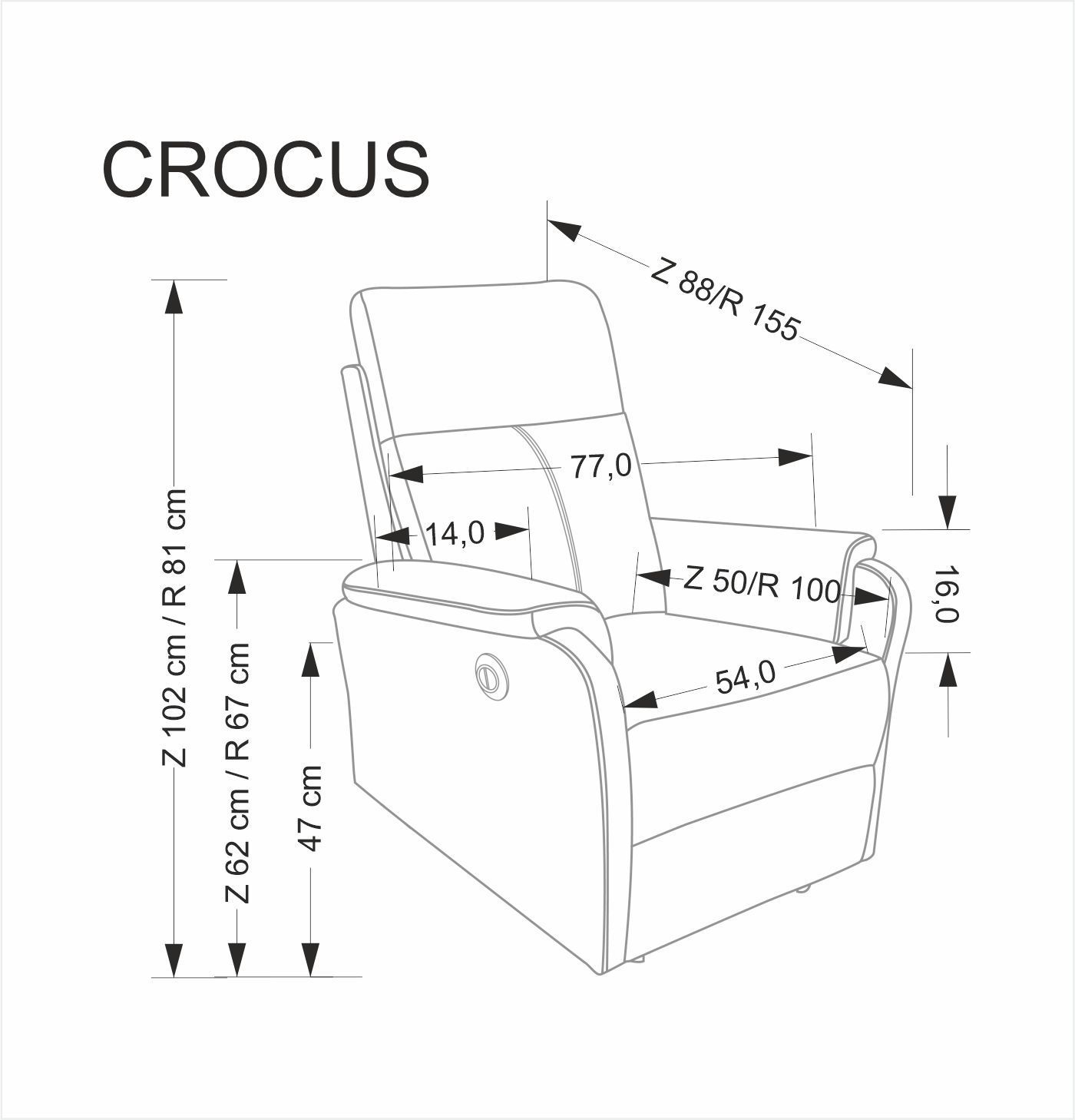 CROCUS fotel wypoczynkowy z funkcją elektrycznego rozkładania, czarny